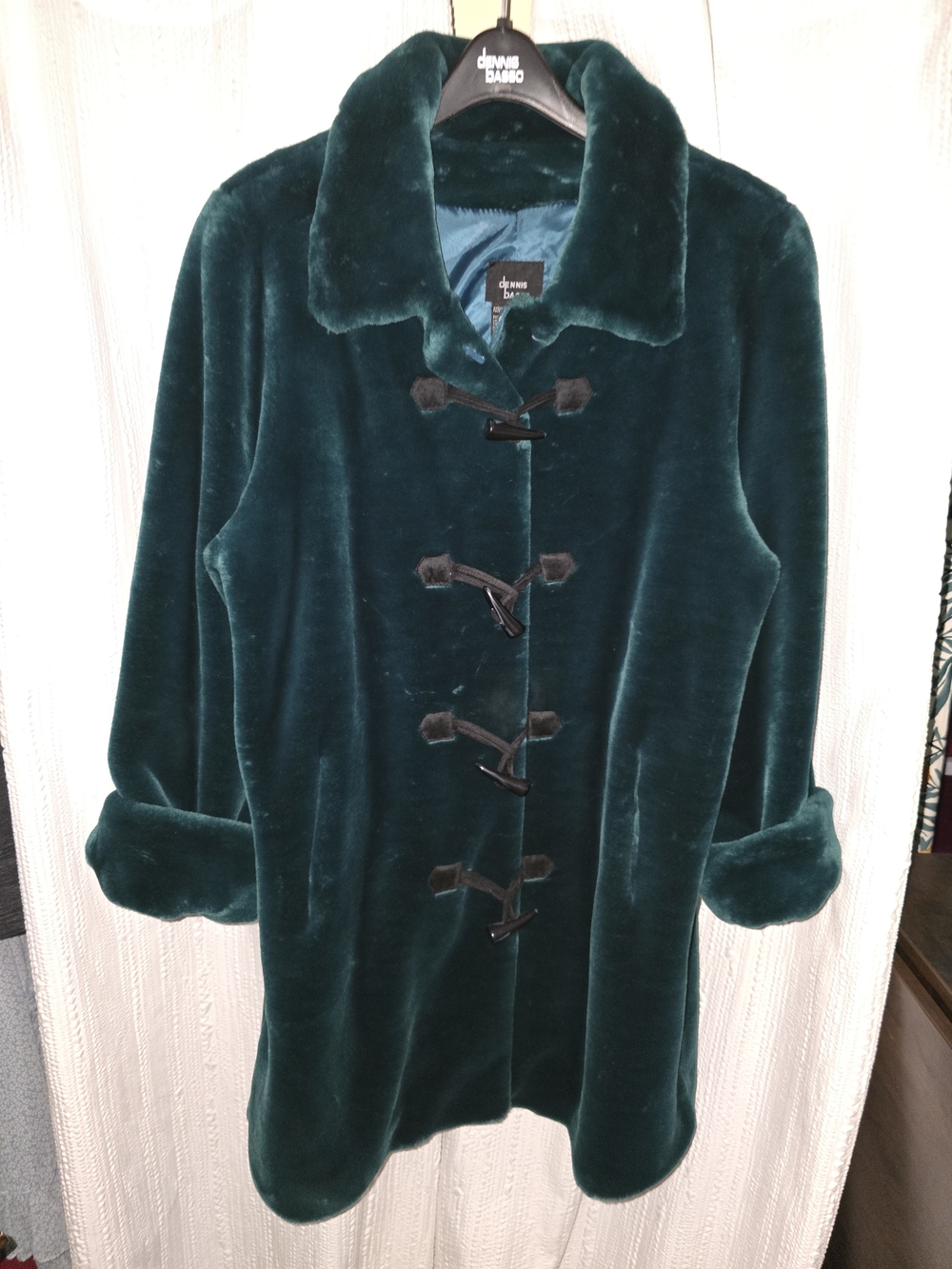 Womens M VINTAGE dennis basso Emerald Green Faux-Fur Toggle Pea Coat